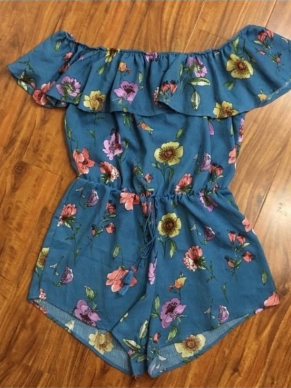 3/$25 Forever 21 Juniors Blue Floral Ruffle Off Shoulder Romper Size Small Boho